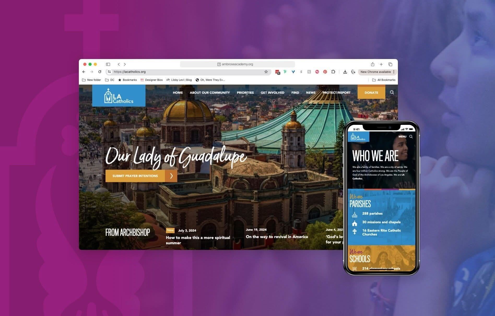 Website mockups on desktop and mobile for the Archdiocese of Los Angeles