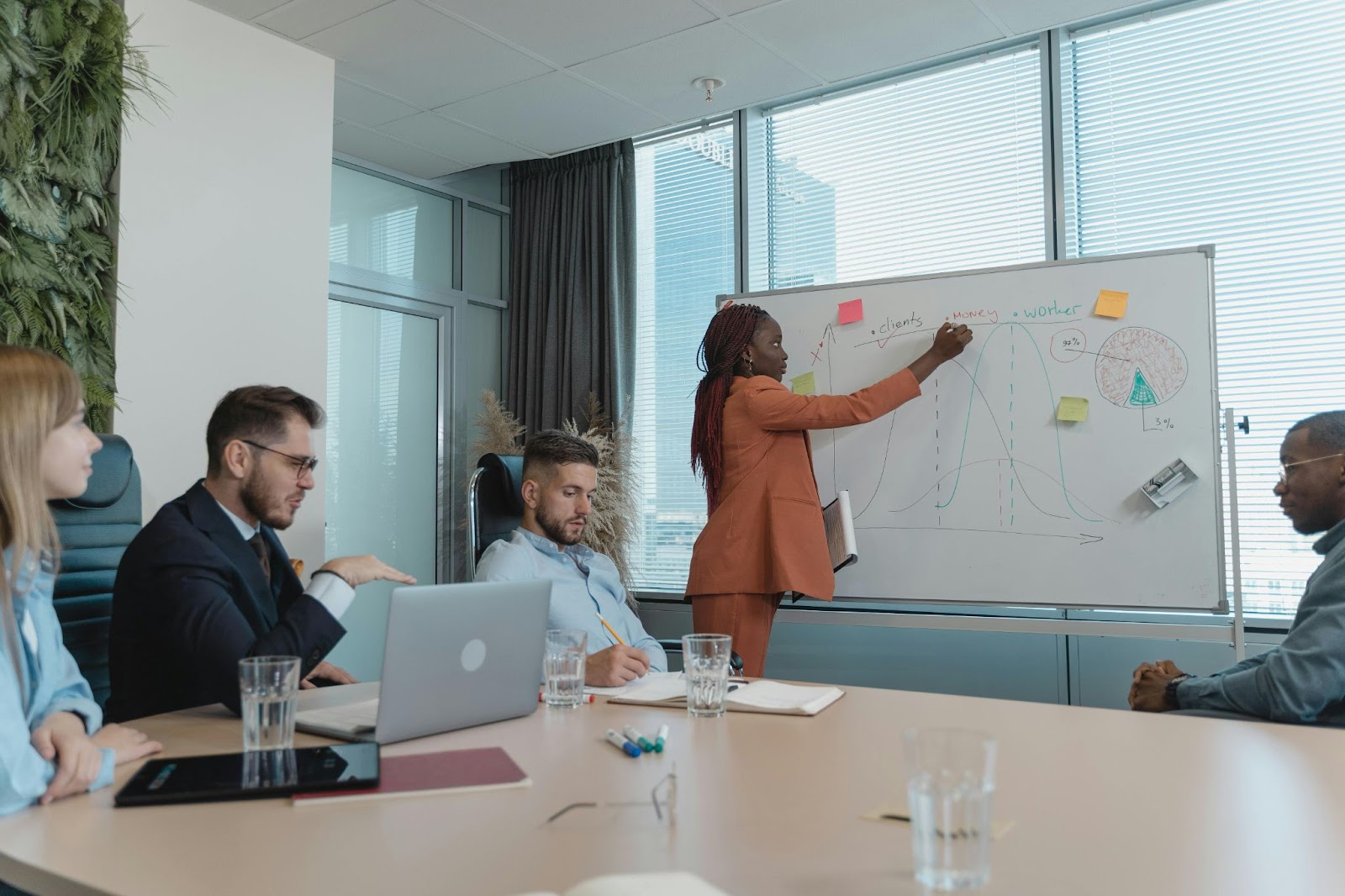 Marketing team planning a long-term video marketing strategy with graphs and data insights on a whiteboard, collaborating on pre-production and content scheduling.