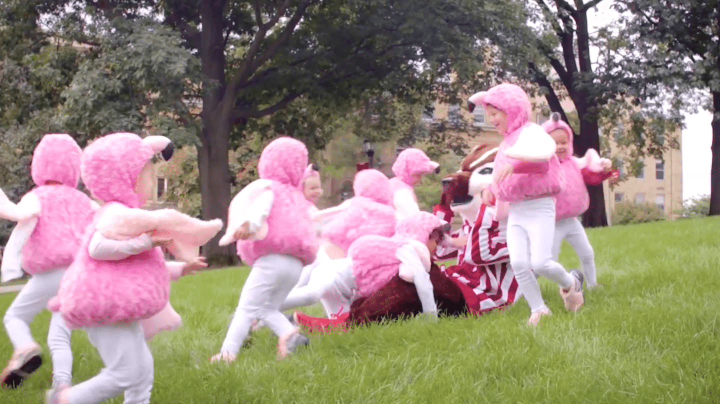 Group of children in pink flamingo costumes joyfully engaging with a mascot on a grassy lawn, representing brand storytelling and playful video content.