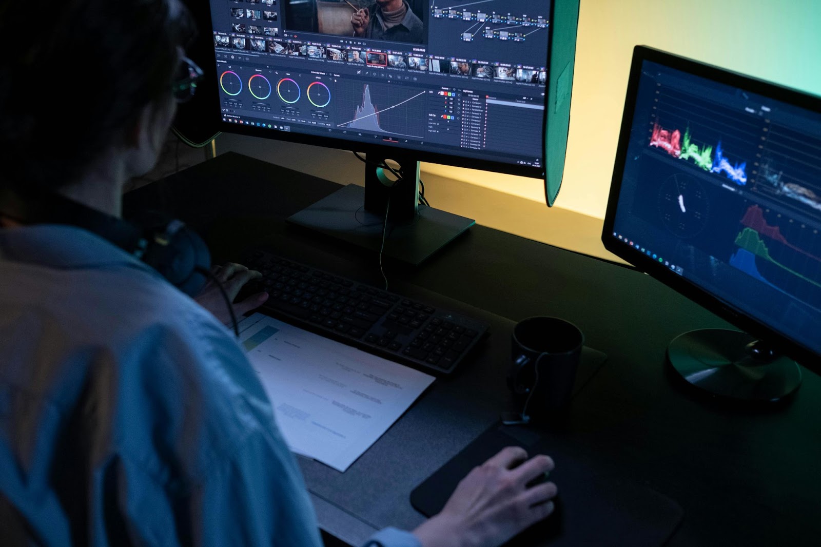 Video editor working on post-production with color correction and waveform analysis on dual monitors.