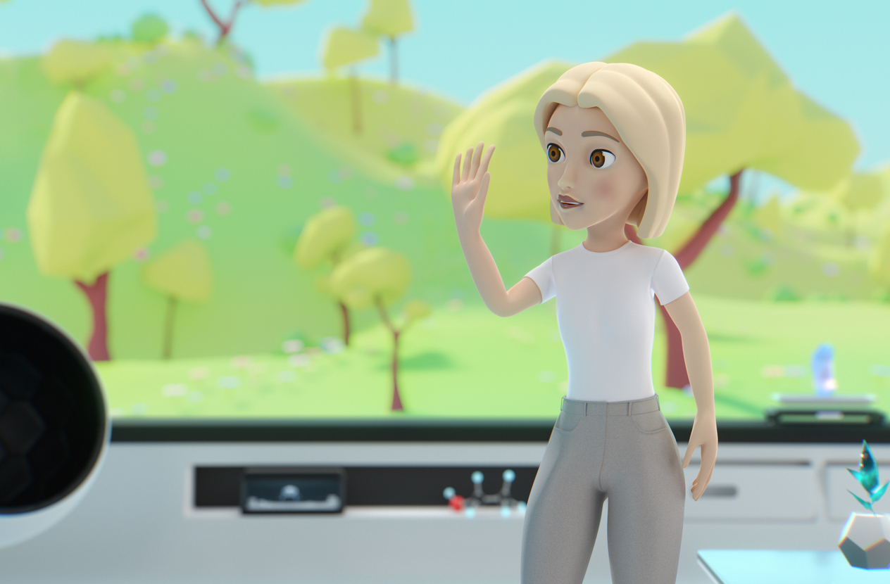 3D animated character in explainer video production with colorful background scene