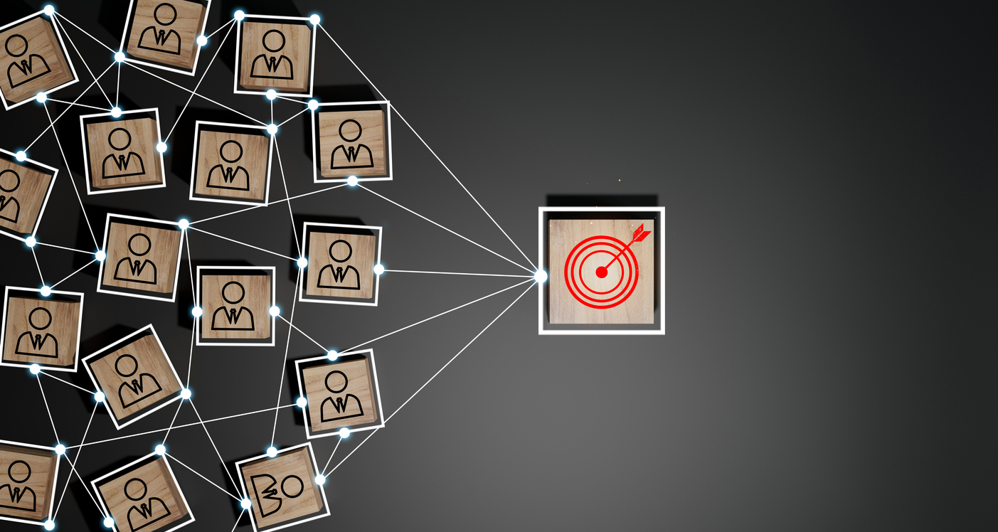 Network of target audience personas connected to bullseye target in explainer video storytelling concept