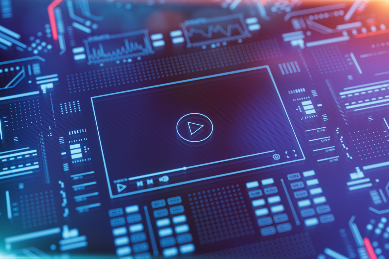 Digital video player interface for explainer video production with editing controls and analytics displays