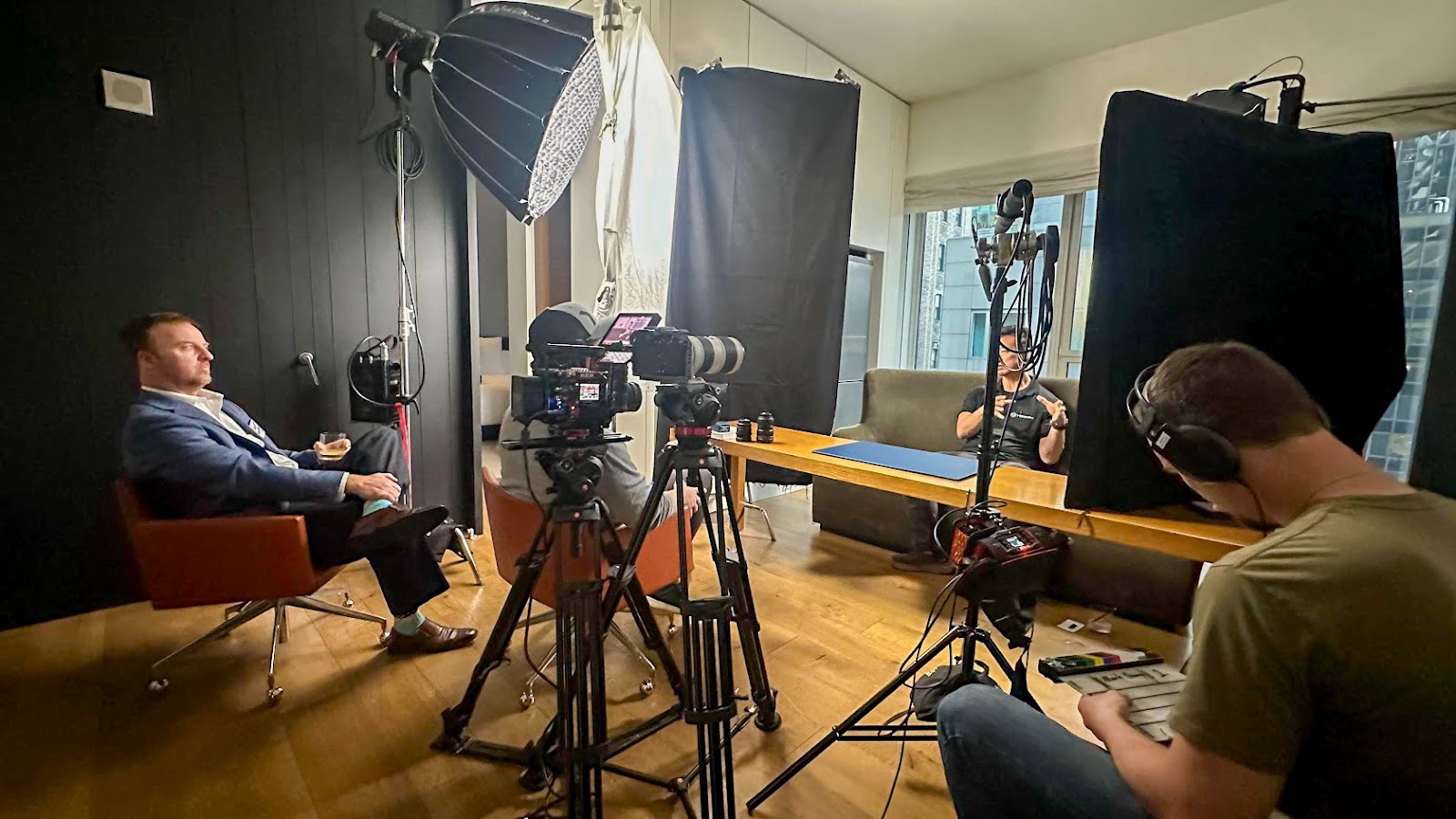 Professional Video Interview Studio with Advanced Lighting and Multiple Camera Setup