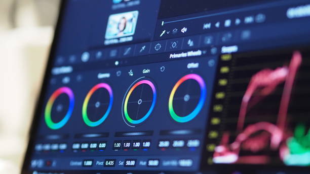 Color grading interface in video editing software showing vibrant color wheels for professional color management and visual storytelling
