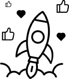 Rocket icon surrounded by social media engagement symbols, representing growth and reach through video production services