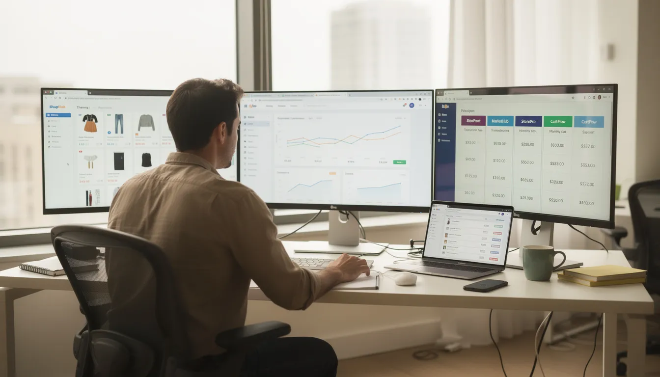 A business owner is seated at a desk, intently comparing various ecommerce platforms displayed on multiple computer screens. The screens showcase different ecommerce website builders and their features, highlighting options for setting up an online store, managing inventory, and utilizing built-in marketing tools for an effective ecommerce business.