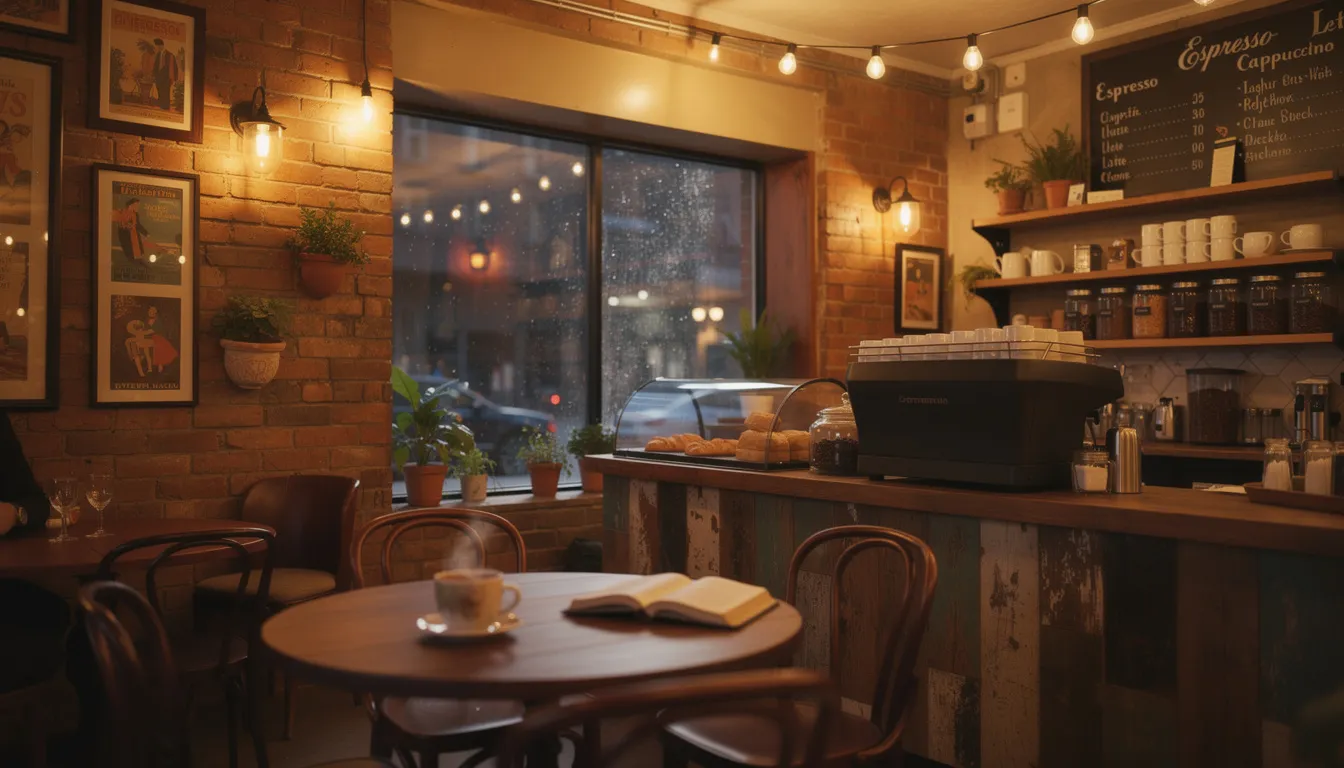 The image depicts the cozy interior of a small coffee shop, featuring distinctive decor and warm lighting that create a welcoming atmosphere. This inviting space reflects the business's strong brand identity and visual branding elements, aimed at attracting loyal customers and fostering meaningful connections.