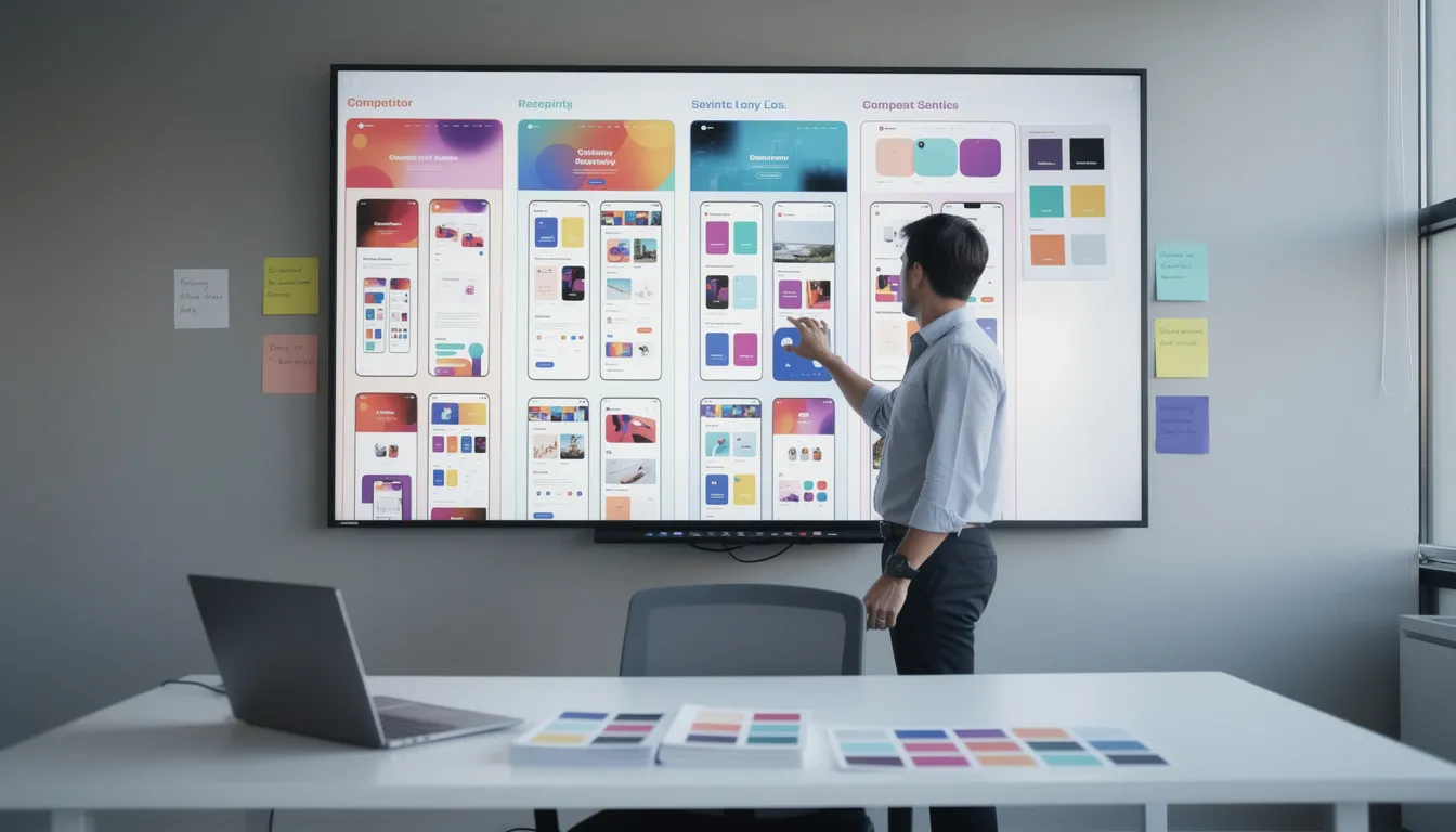 A designer is seen arranging various competitor brand screenshots on a large digital whiteboard, focusing on comparing their brand color palettes and visual identities. The setup emphasizes the importance of choosing the right color palette to reflect brand personality and appeal to the target audience.