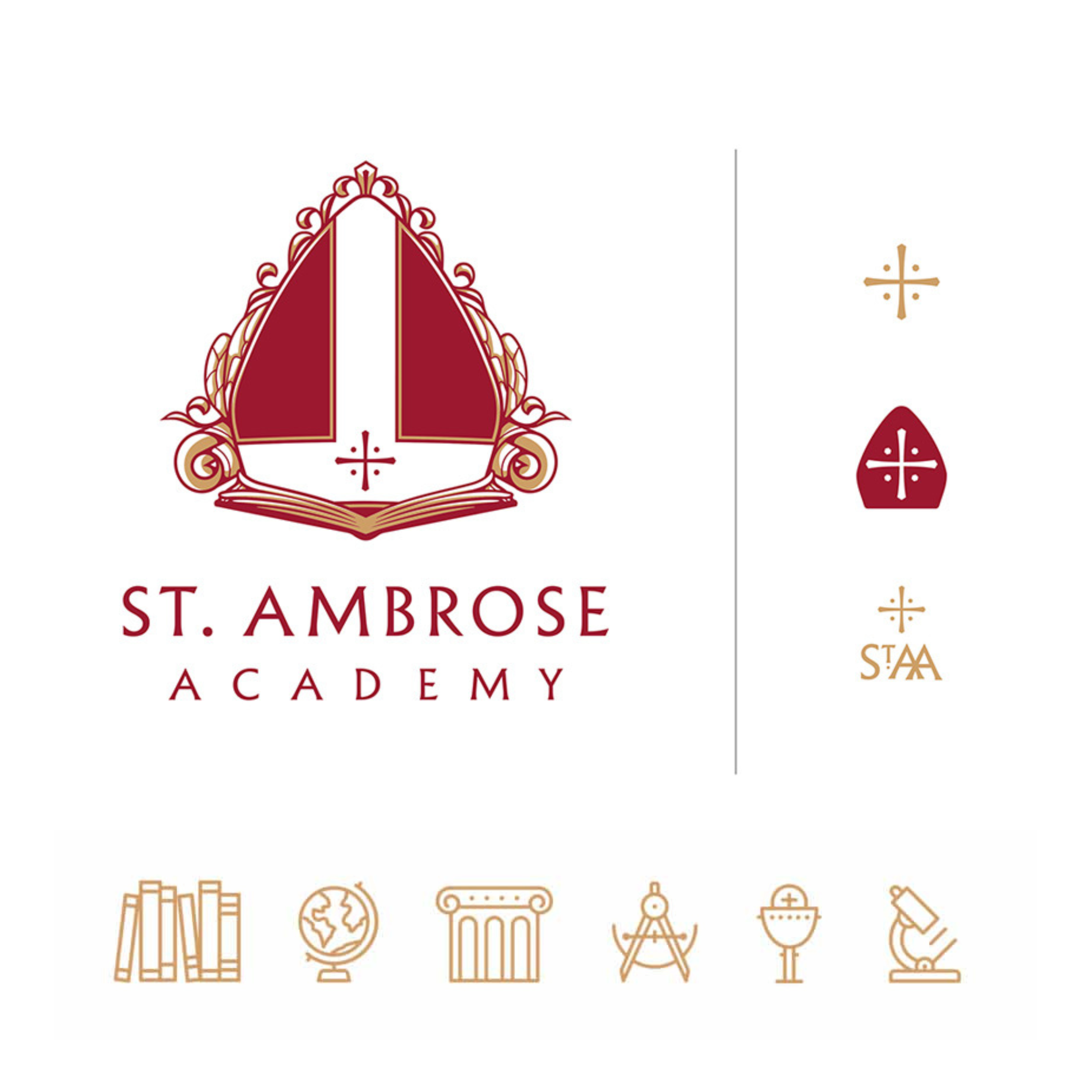 The new, rebranded St. Ambrose Academy logo with custom icons below.