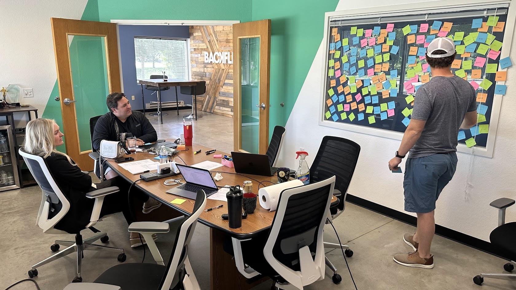 A collaborative team is gathered in a conference room brainstorming branding and logo design. John, Backflip's creative director and co-founder, stands by a window covered with sticky notes as those in the room add to the co-creation.