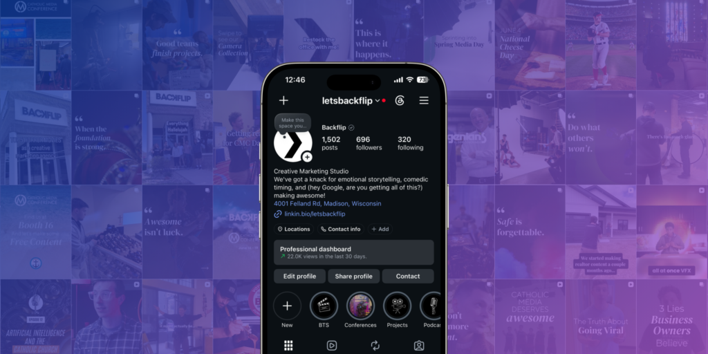 Phone screen showing the LetsBackflip Instagram profile with bio and highlights against a blue collage background.