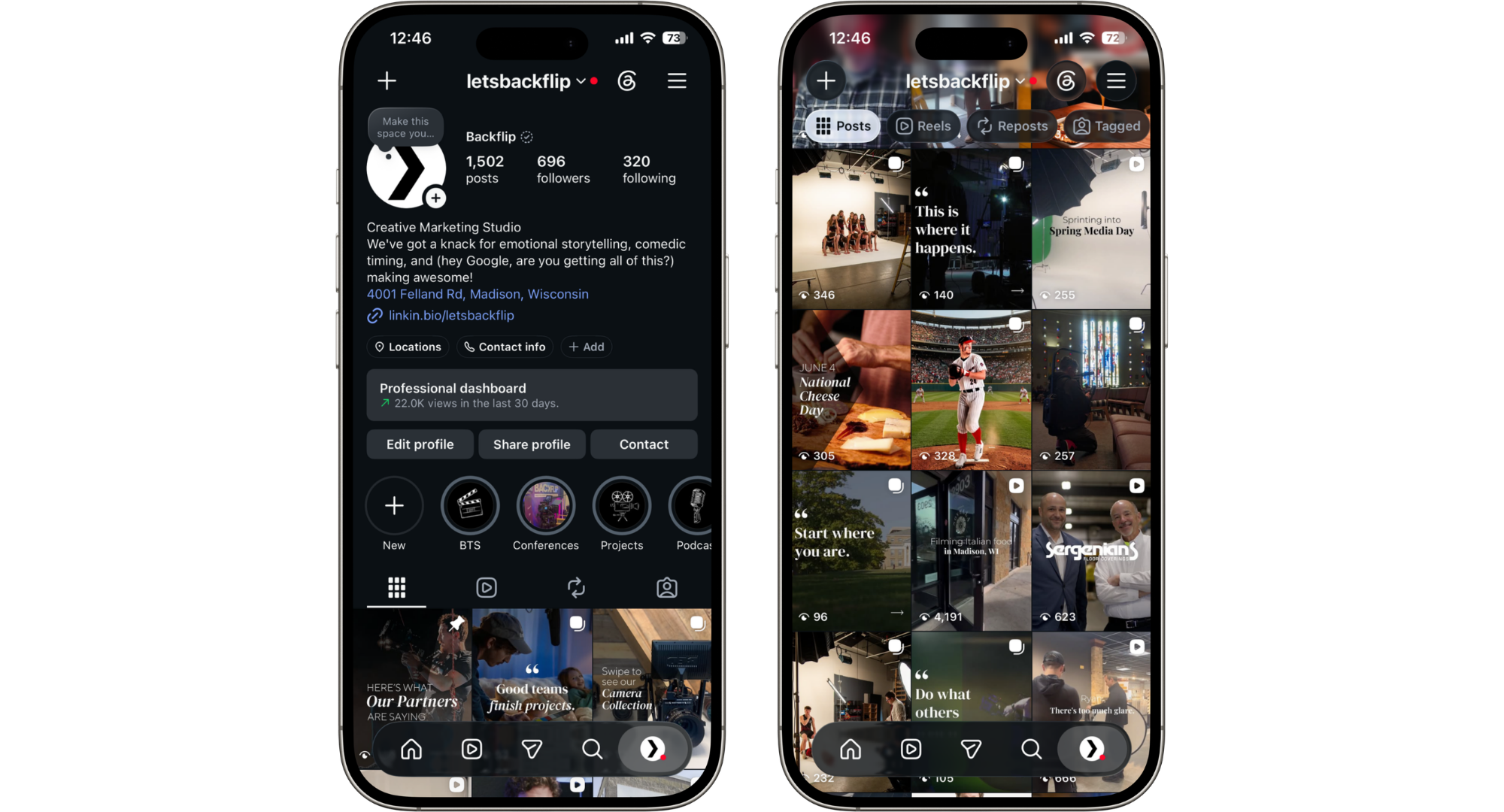 The @letsbackflip Instagram profiles on an iPhone mockup.