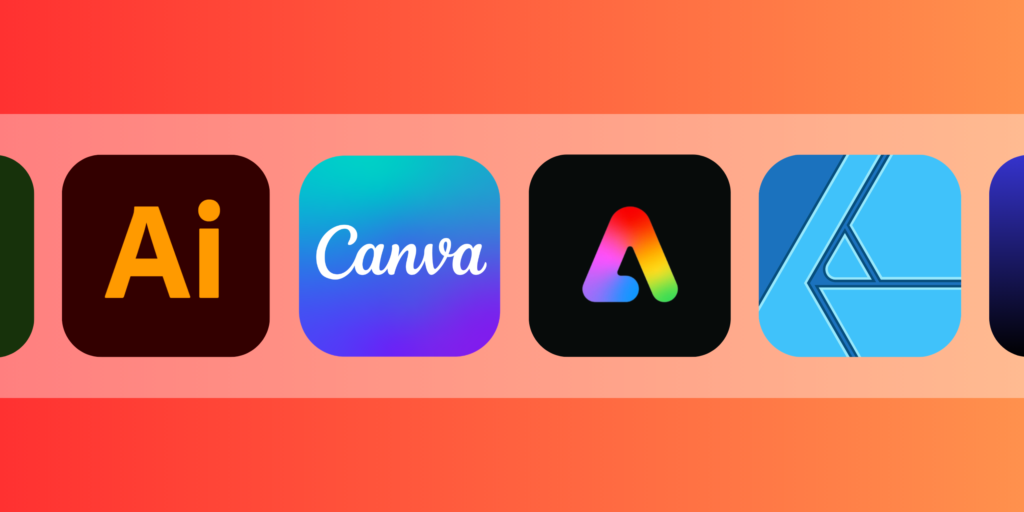 Row of square, rounded app icons on an orange gradient background, including Illustrator, Canva, and other design apps