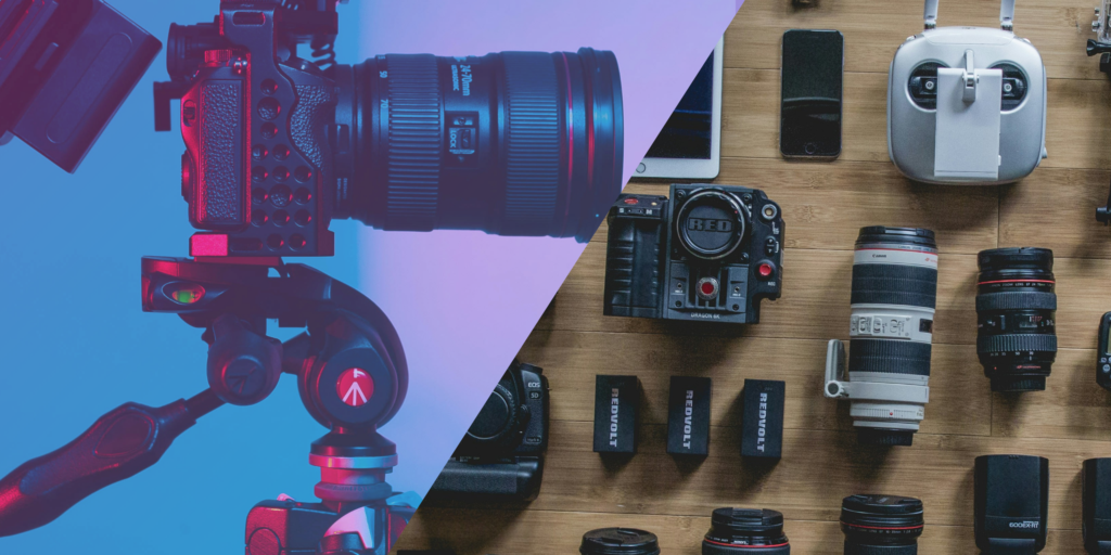 Professional camera gear laid out on a wooden table: a large camera rig on the left and multiple lenses and accessories on the right, with a diagonal color overlay across the image.
